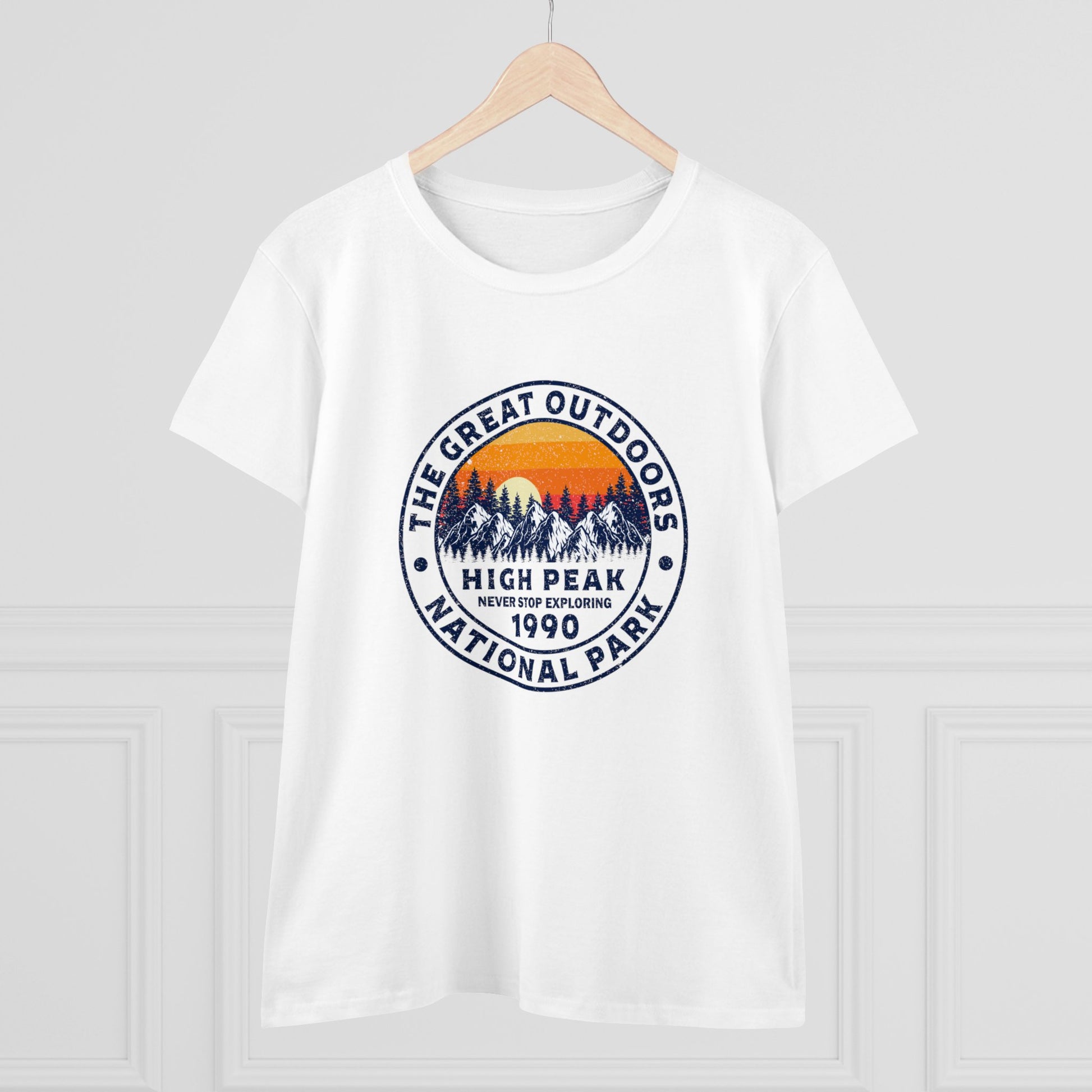 White national park t-shirt for women with a Great Outdoors High Peak 1990 graphic design