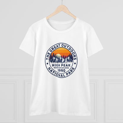 White national park t-shirt for women with a Great Outdoors High Peak 1990 graphic design