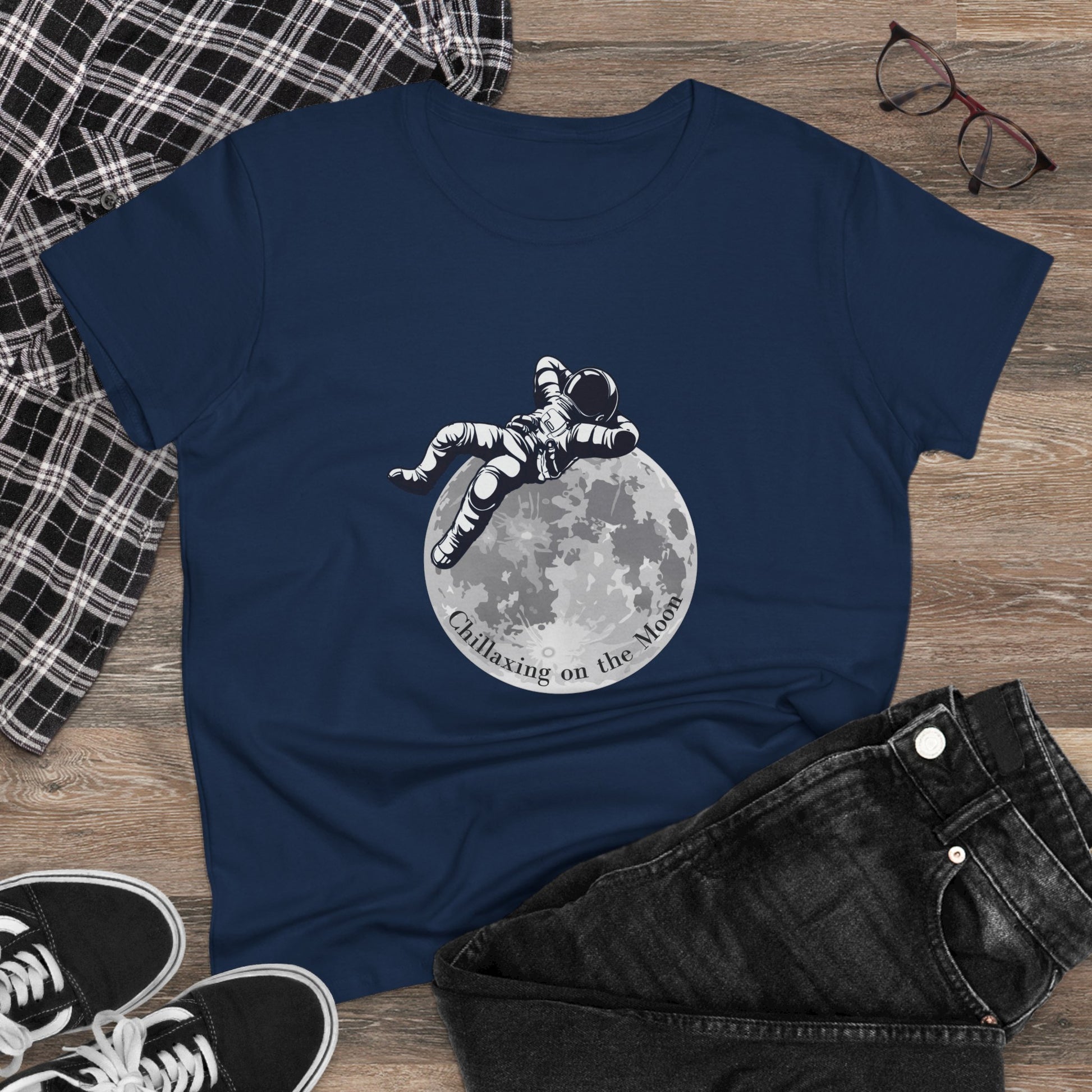 Navy moon t-shirt women with astronaut lounging on moon graphic and Chillaxing text