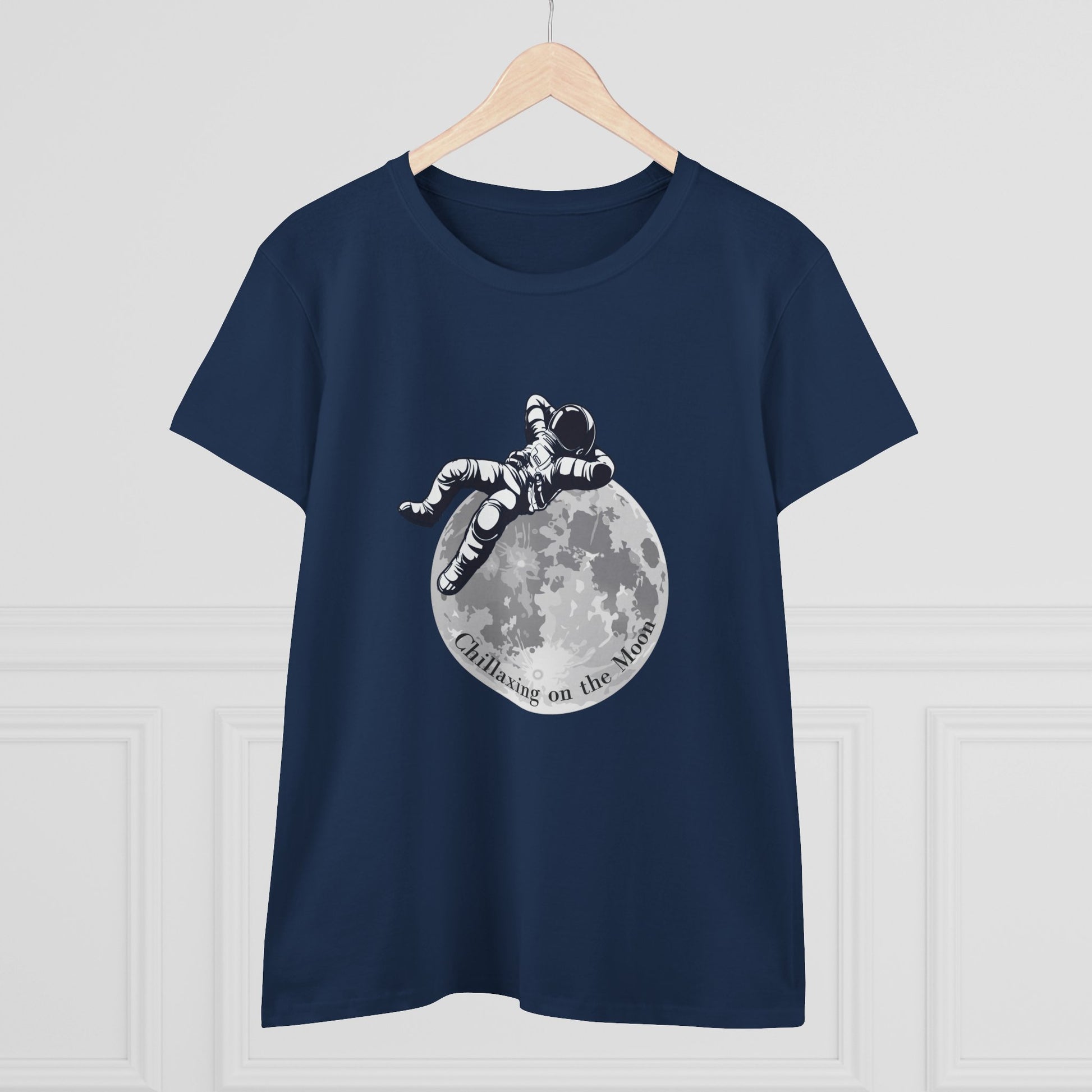 Printify navy moon t-shirt women with astronaut relaxing on moon graphic design