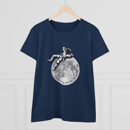 Printify navy moon t-shirt women with astronaut relaxing on moon graphic design