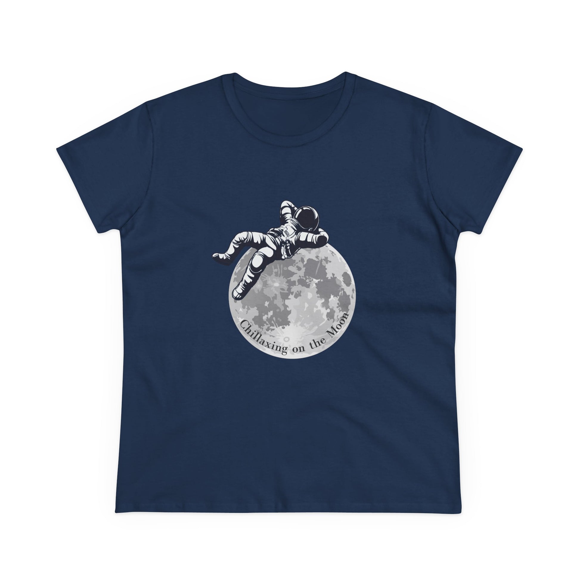 Navy moon t-shirt women with astronaut relaxing on moon graphic and round neckline