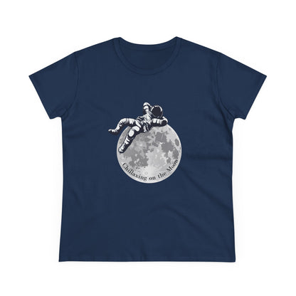 Navy moon t-shirt women with astronaut relaxing on moon graphic and round neckline