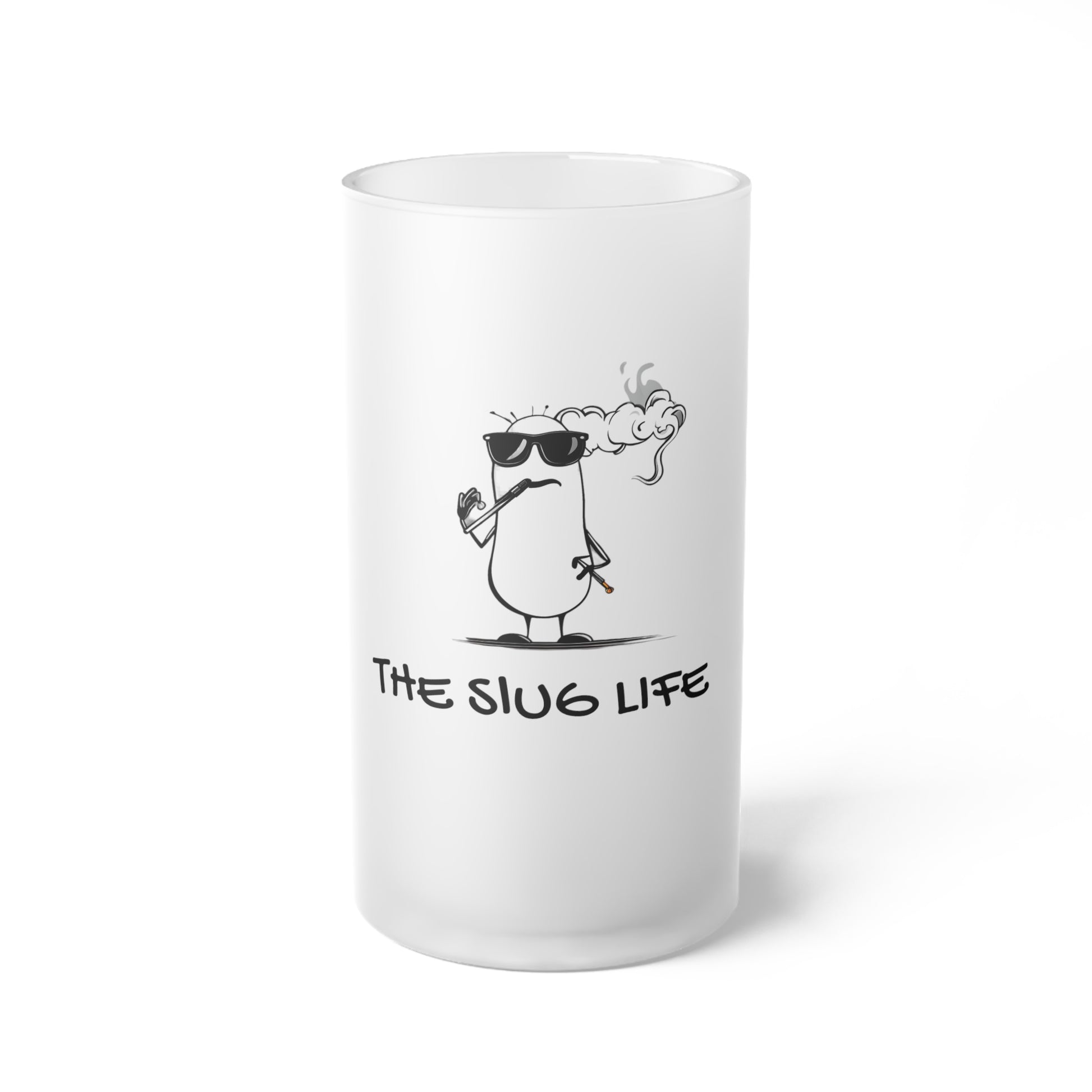 Printify novelty gift beer mug with a cool slug character smoking and text The Slug Life