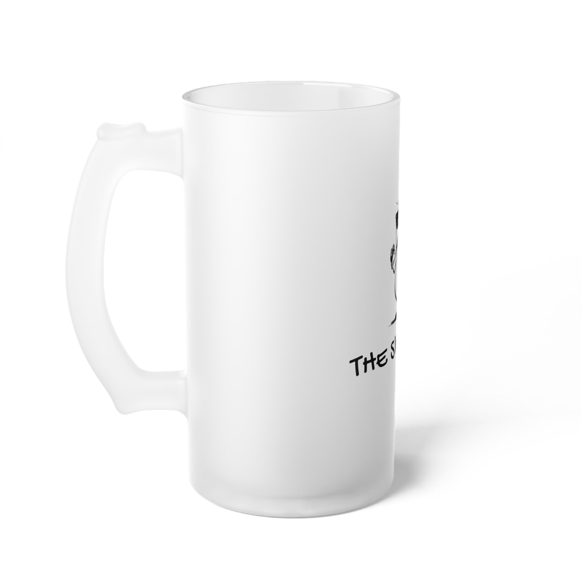 White frosted beer mug with handle featuring a black printed design novelty gift beer mug