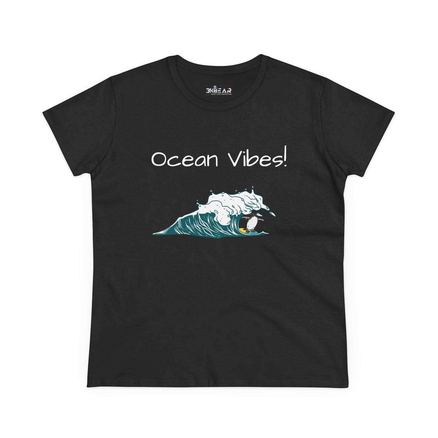 Black Printify T-shirt with ocean waves and penguin graphic and Ocean Vibes text beach graphic tee