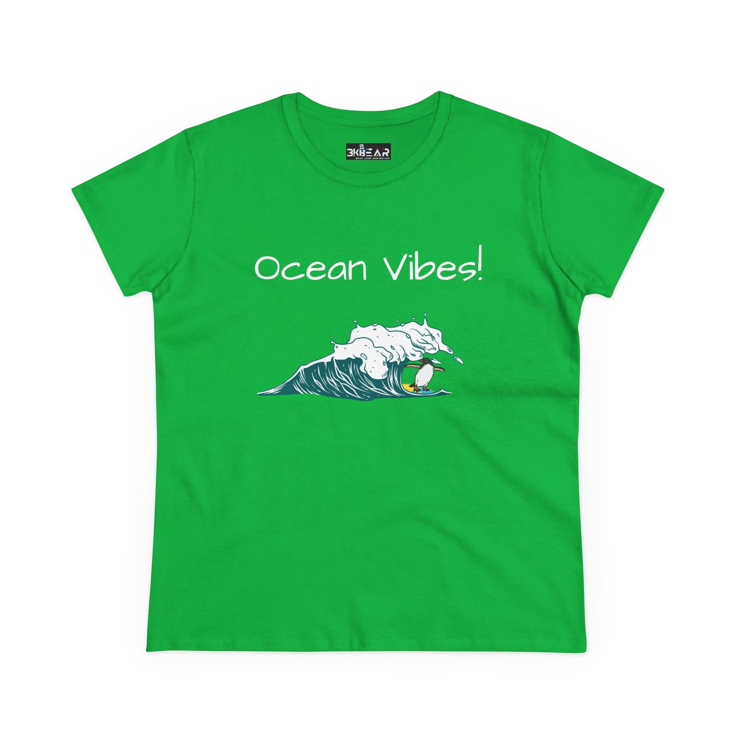 Green Printify T-shirt with ocean vibes text and surfing wave design beach graphic tee