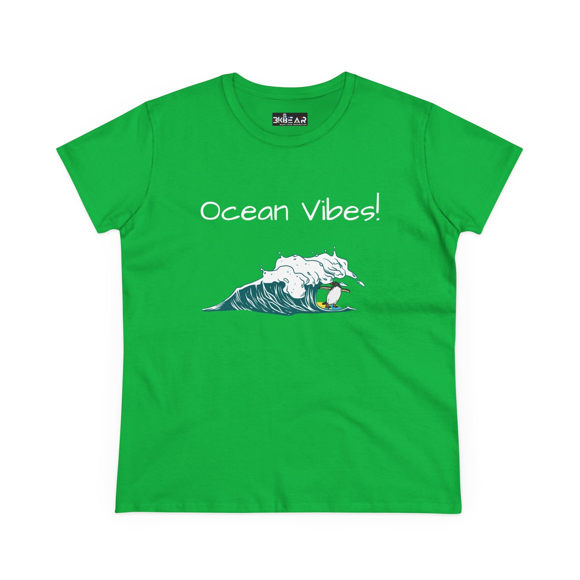 Green Printify T-shirt with ocean vibes text and surfing wave design beach graphic tee