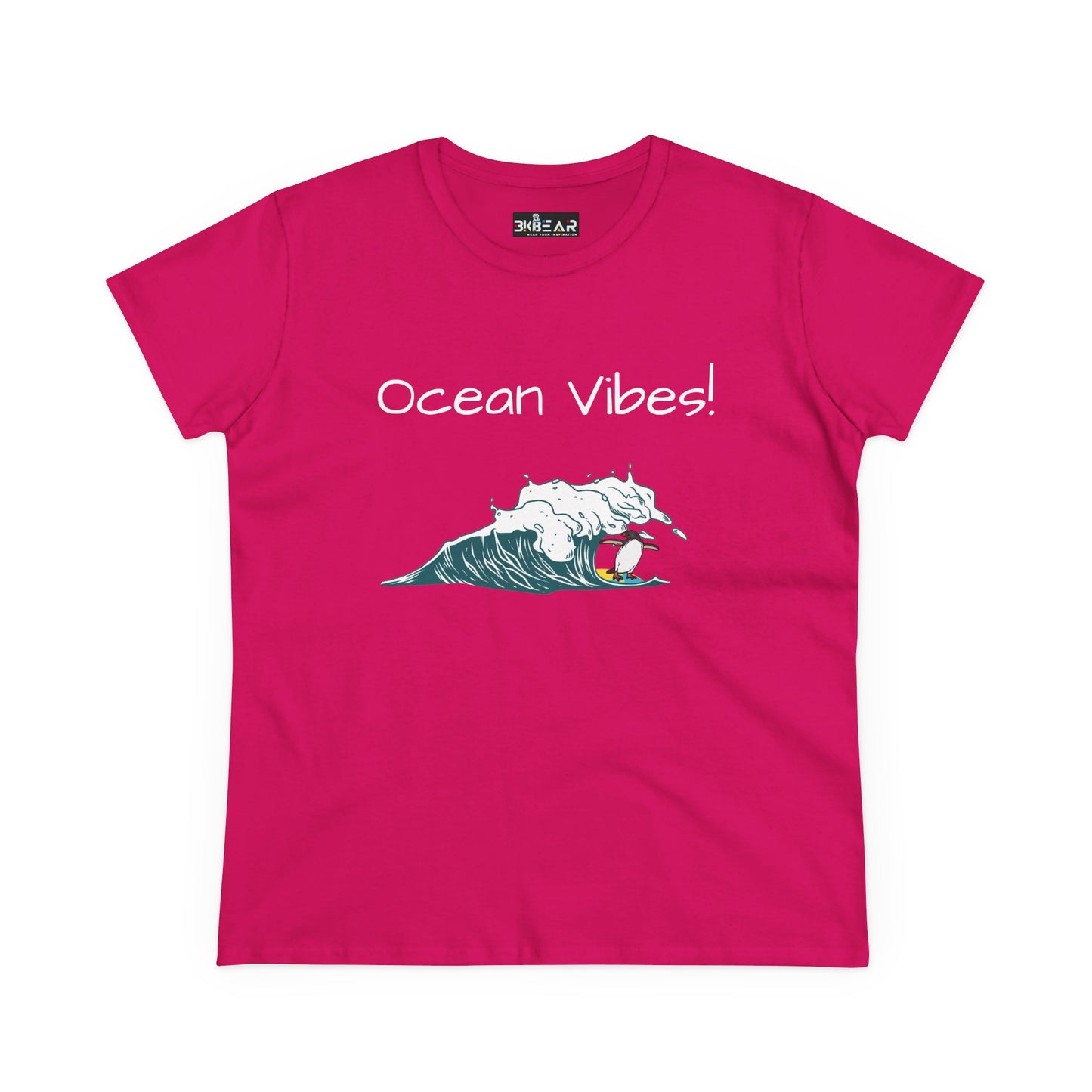 Pink Printify T-shirt with ocean vibes text and wave surfer design beach graphic tee