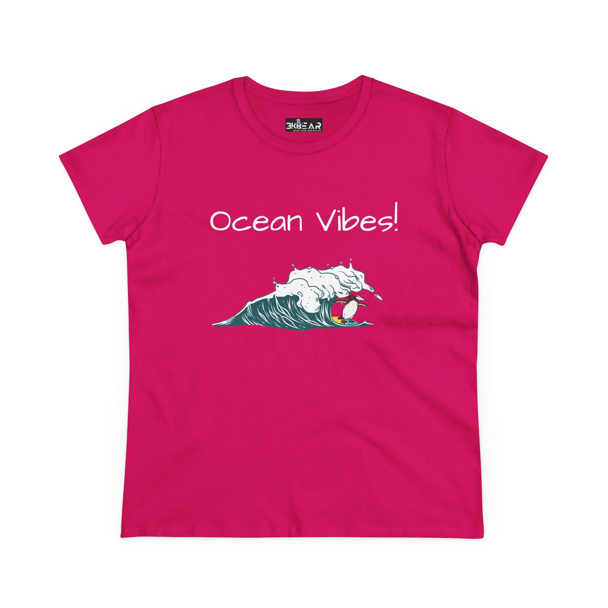 Pink Printify T-shirt with ocean vibes text and wave surfer design beach graphic tee
