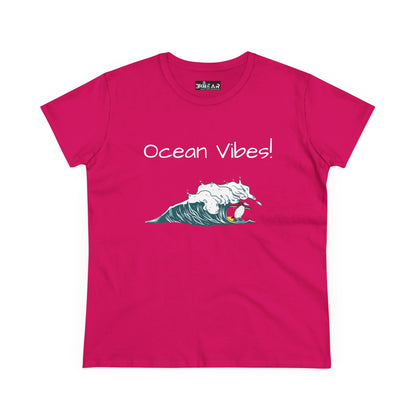 Pink Printify T-shirt with ocean vibes text and wave surfer design beach graphic tee
