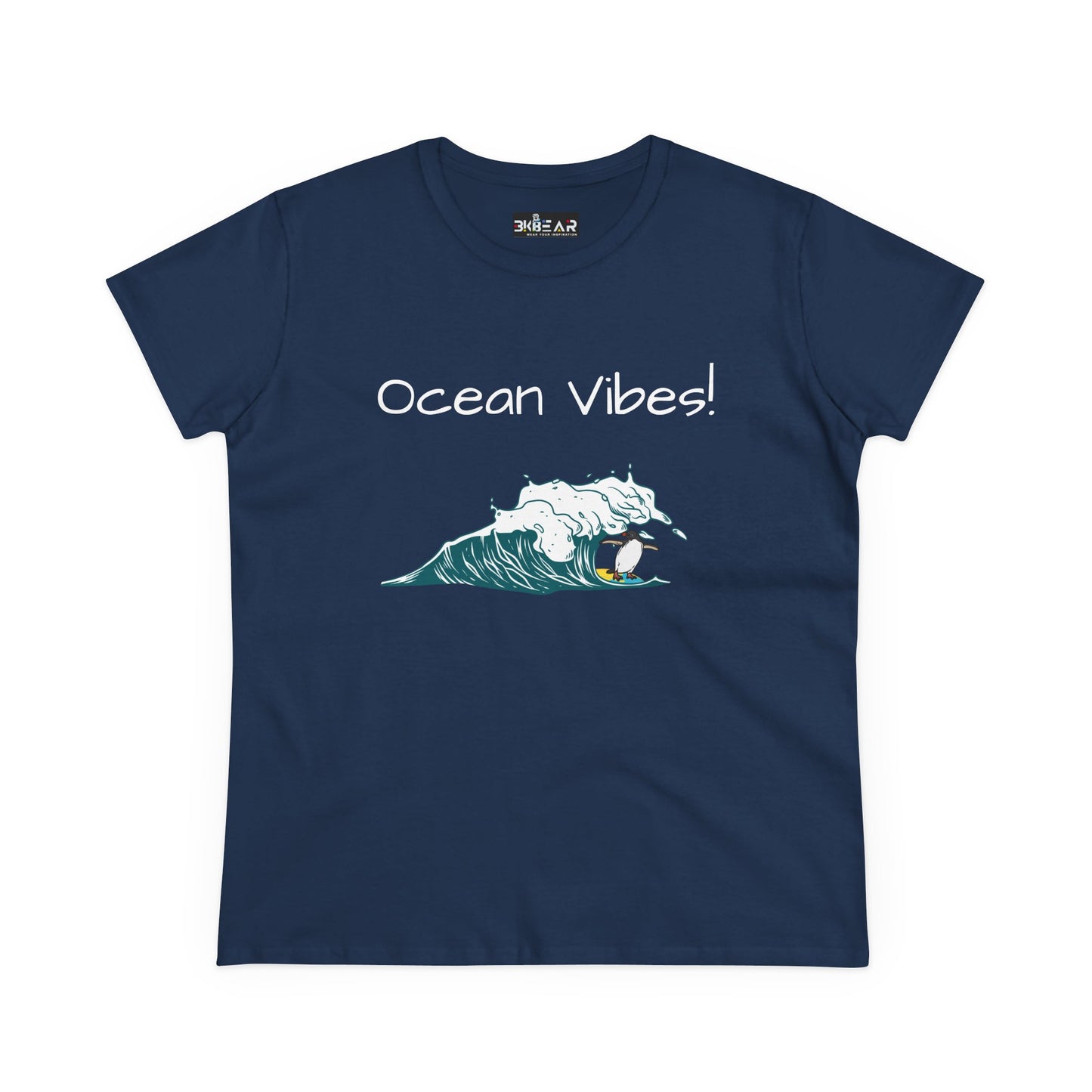 Navy blue Printify beach graphic tee with Ocean Vibes text and cartoon wave design