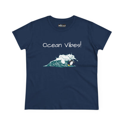 Navy blue Printify beach graphic tee with Ocean Vibes text and cartoon wave design