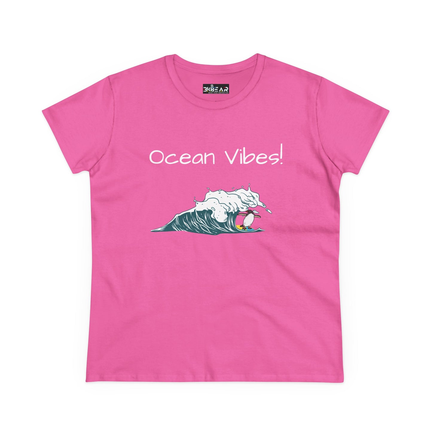 Pink Printify t-shirt with ocean vibes text and wave graphic beach graphic tee