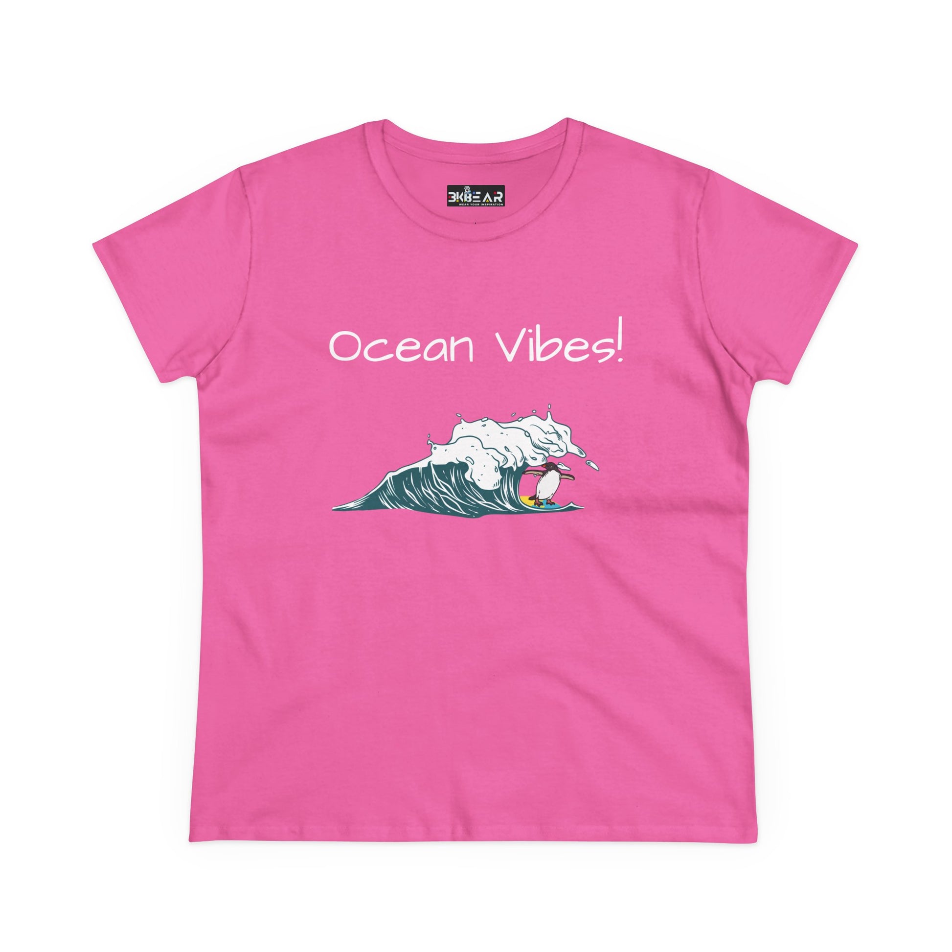 Pink Printify t-shirt with ocean vibes text and wave graphic beach graphic tee