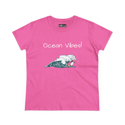 Pink Printify t-shirt with ocean vibes text and wave graphic beach graphic tee