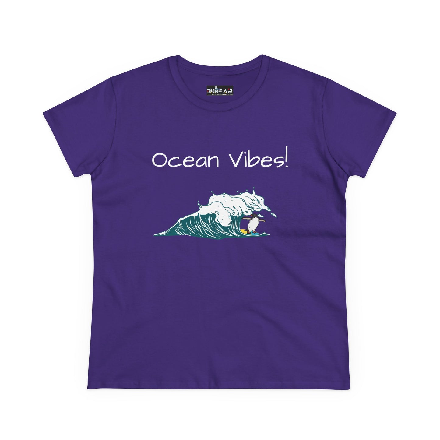 Purple Printify beach graphic tee with Ocean Vibes text and surfing wave design