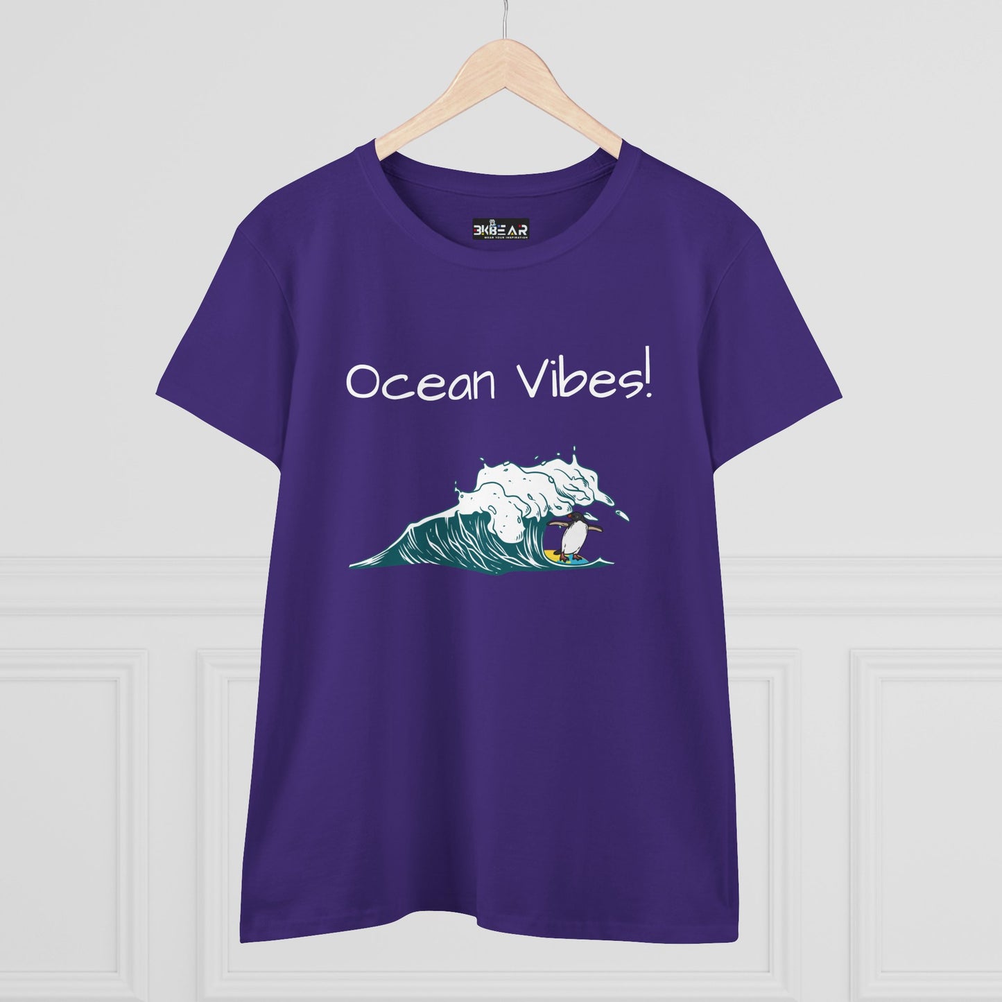 Purple Printify t-shirt with ocean waves and surfer graphic and ocean vibes text beach graphic tee
