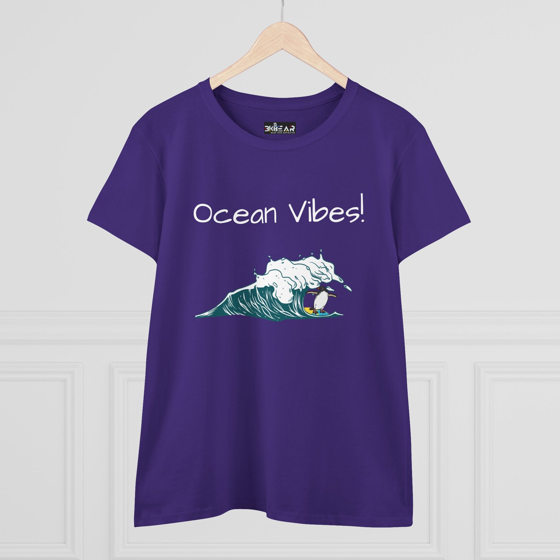 Purple Printify t-shirt with ocean waves and surfer graphic and ocean vibes text beach graphic tee