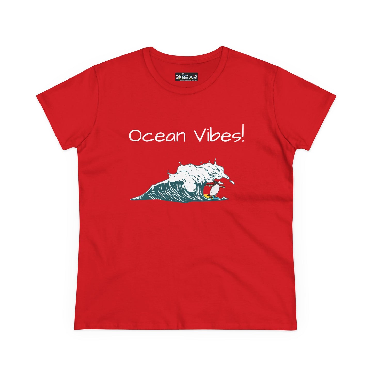 Red Printify t-shirt with ocean vibes text and surfer wave design beach graphic tee