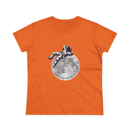 Orange moon t-shirt women with astronaut relaxing on the moon graphic by Printify