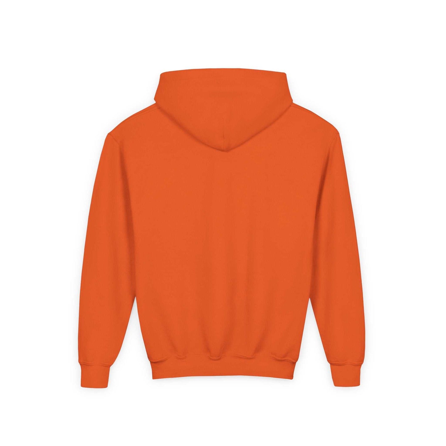 Back view of orange skateboard penguin sweatshirt child hooded kids clothes by Printify