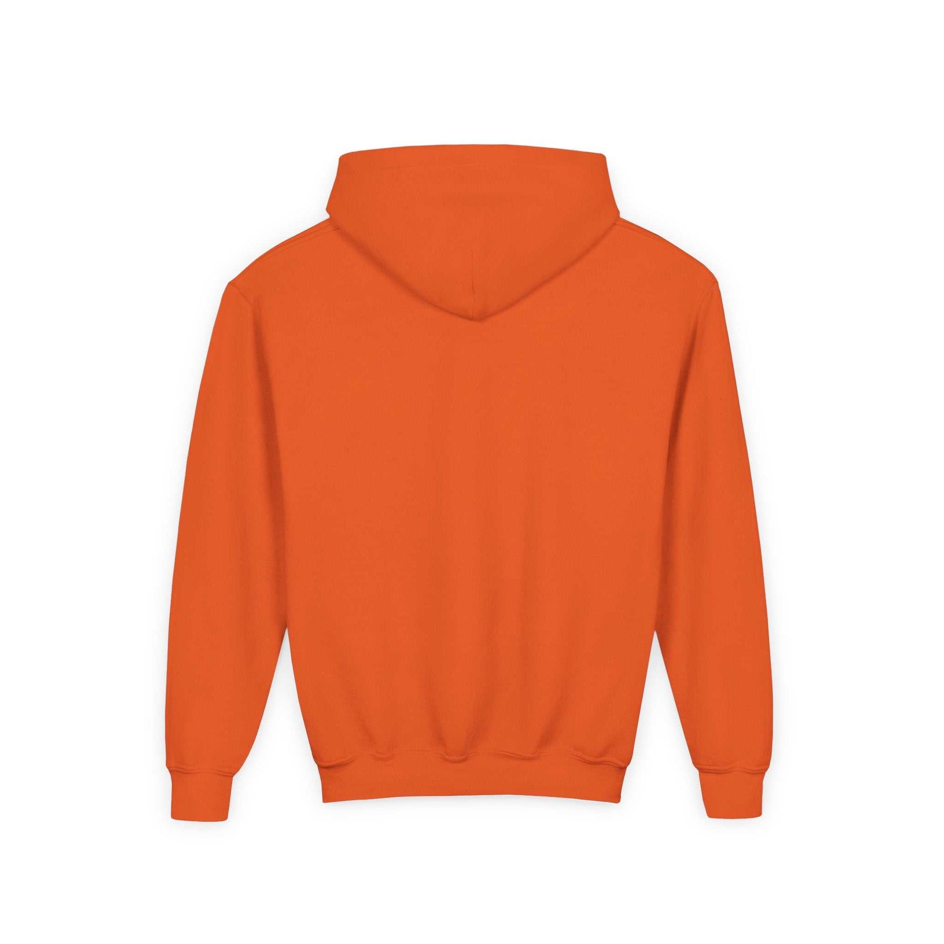Back view of orange skateboard penguin sweatshirt child hooded kids clothes by Printify