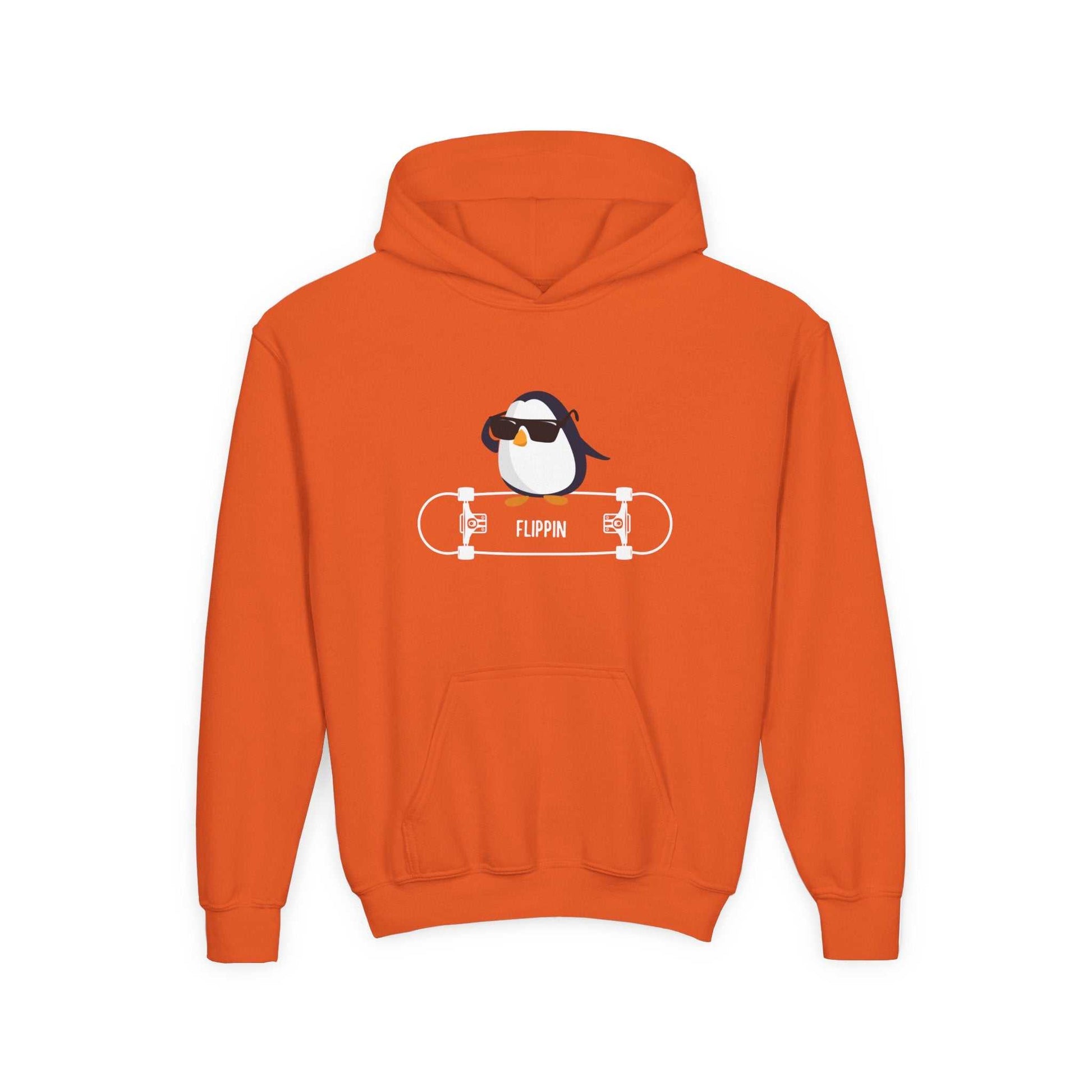 Orange skateboard penguin sweatshirt child with cartoon penguin wearing sunglasses on skateboard