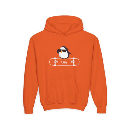 Orange skateboard penguin sweatshirt child with cartoon penguin wearing sunglasses on skateboard