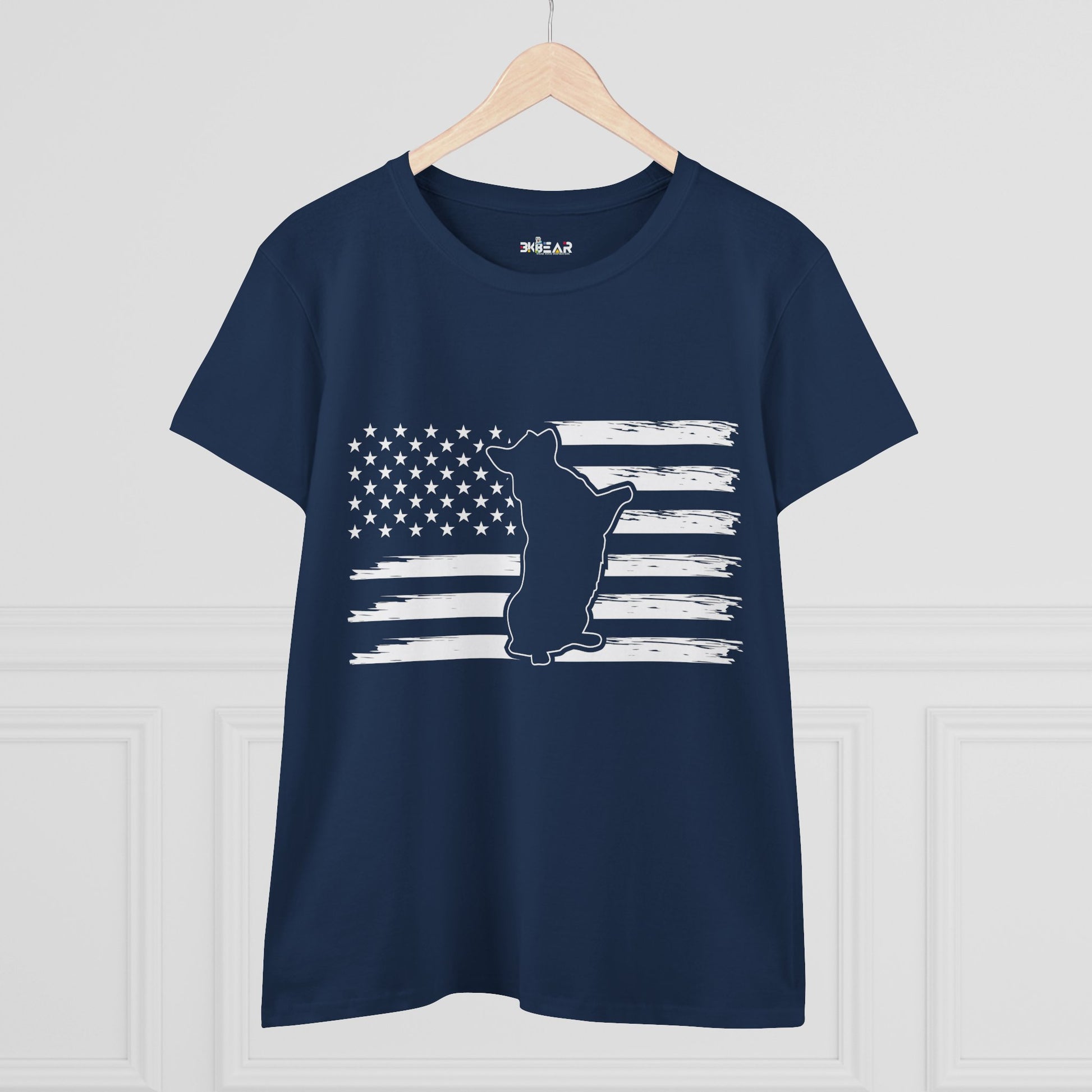 Navy Printify patriotic dog t-shirt with American flag and dog silhouette graphic design