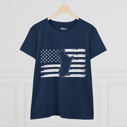 Navy Printify patriotic dog t-shirt with American flag and dog silhouette graphic design
