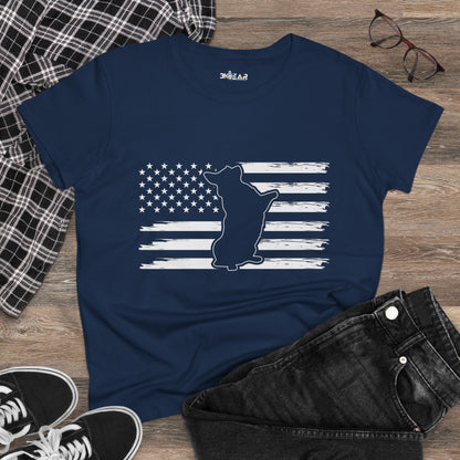 Navy blue Printify patriotic dog t-shirt with American flag and dog silhouette design