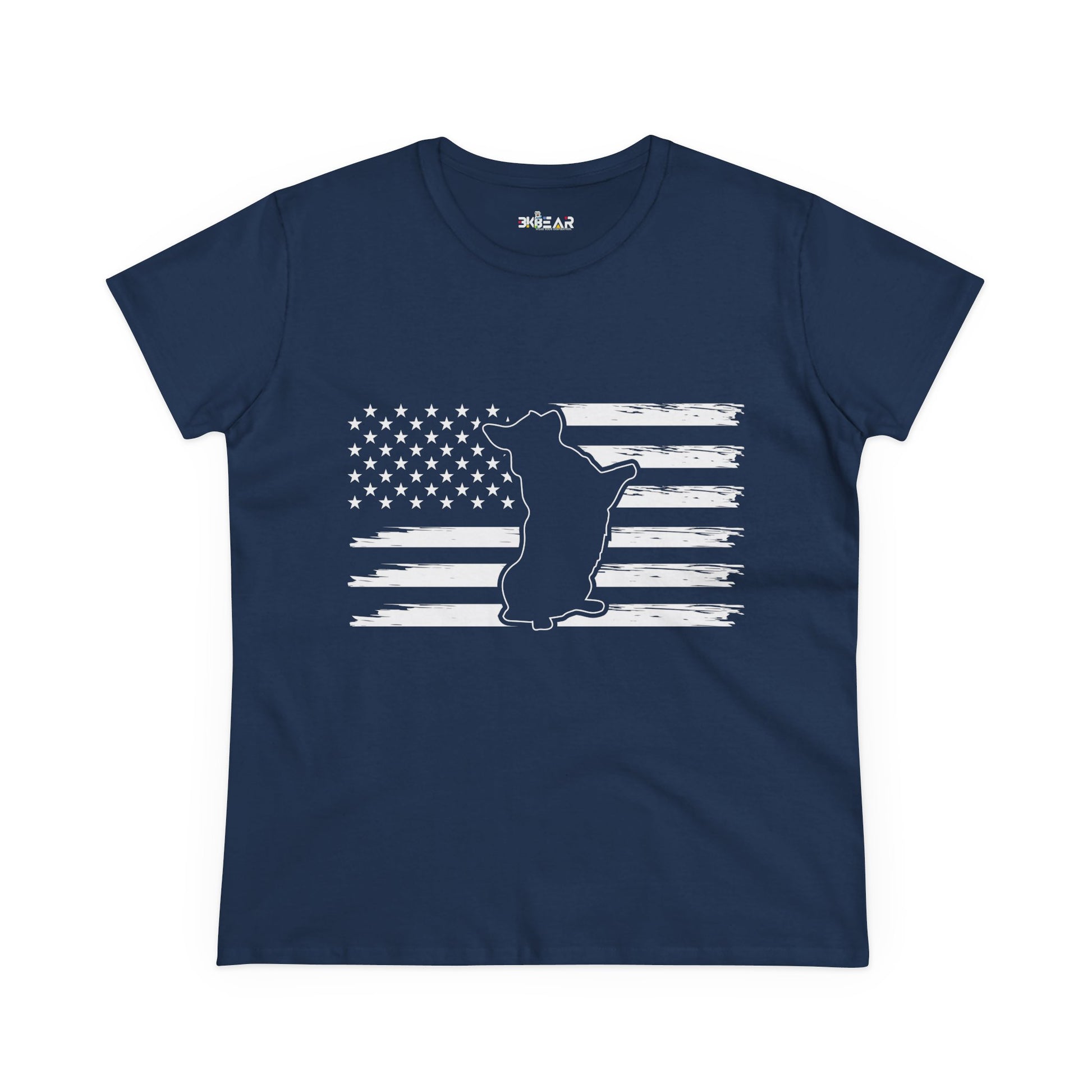 Navy patriotic dog t-shirt featuring a silhouette of a dog and distressed American flag design