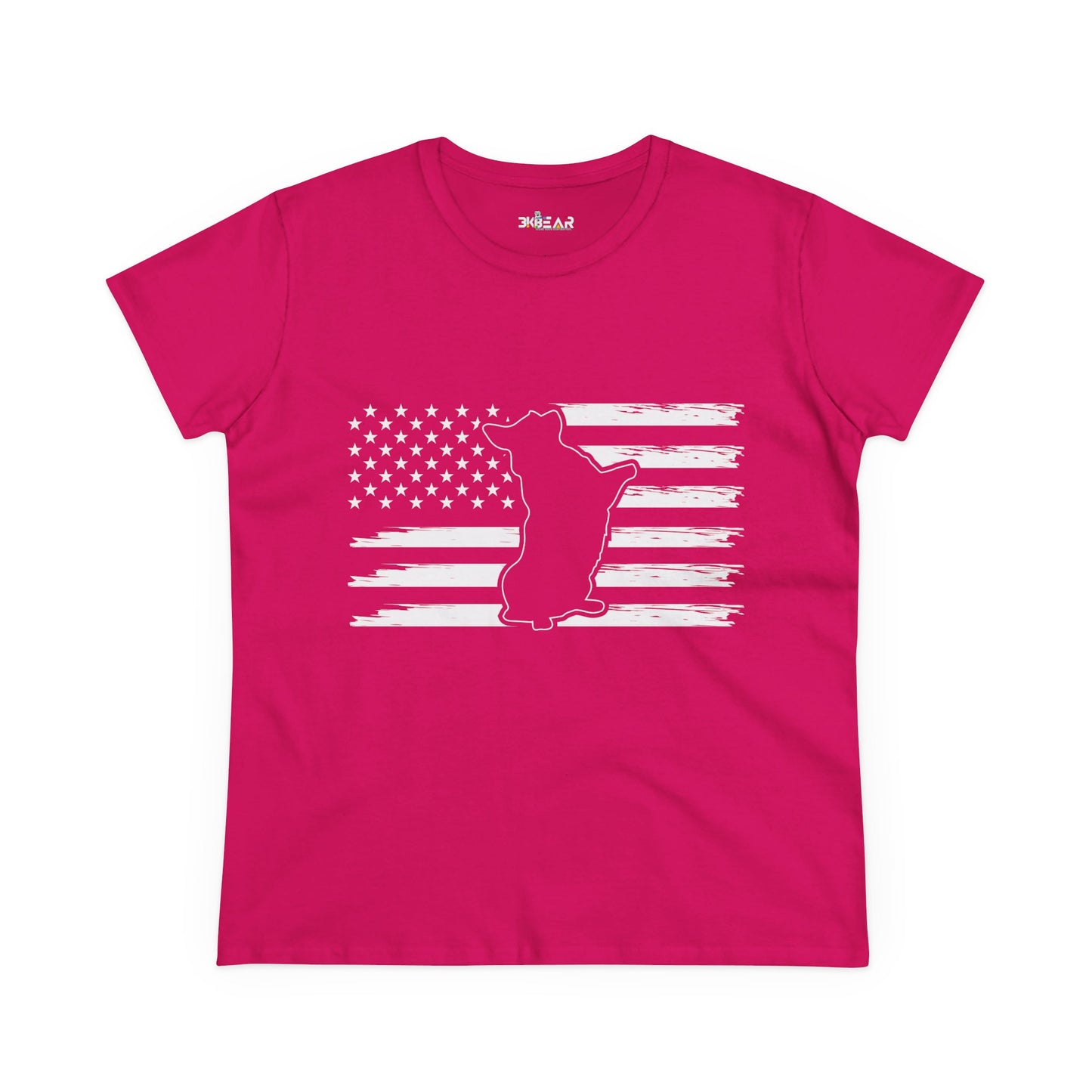 Pink patriotic dog t-shirt featuring white American flag and dog silhouette design