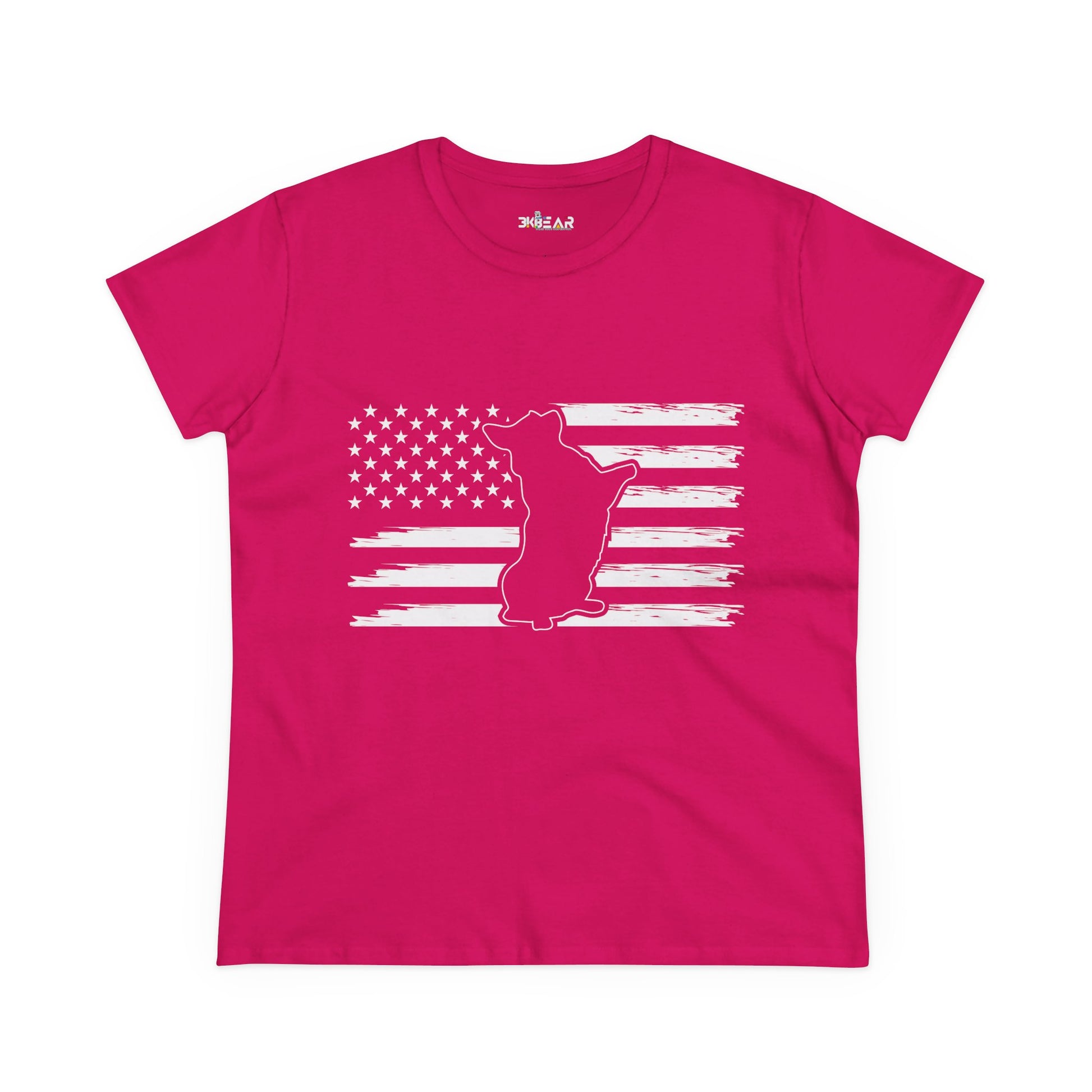 Pink patriotic dog t-shirt featuring white American flag and dog silhouette design