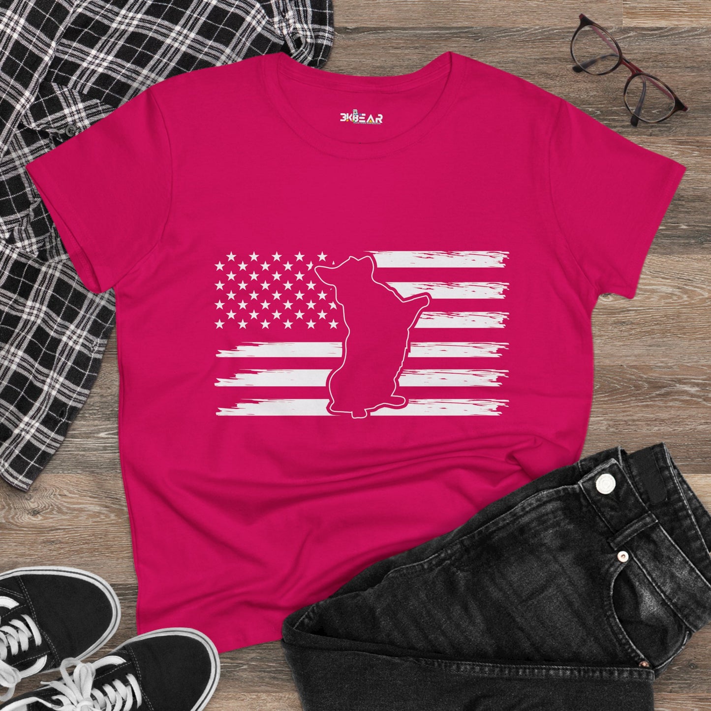Printify patriotic dog t-shirt in red featuring a dog silhouette with an American flag design