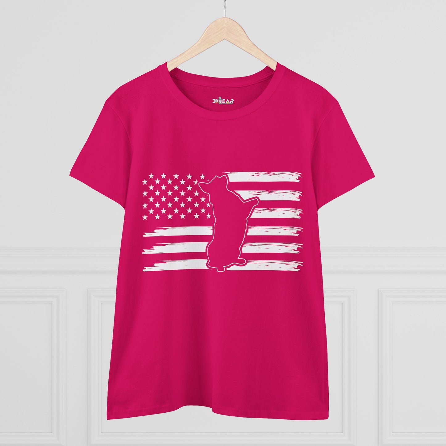 Red patriotic dog t-shirt featuring an American flag with a dog silhouette printed on the front
