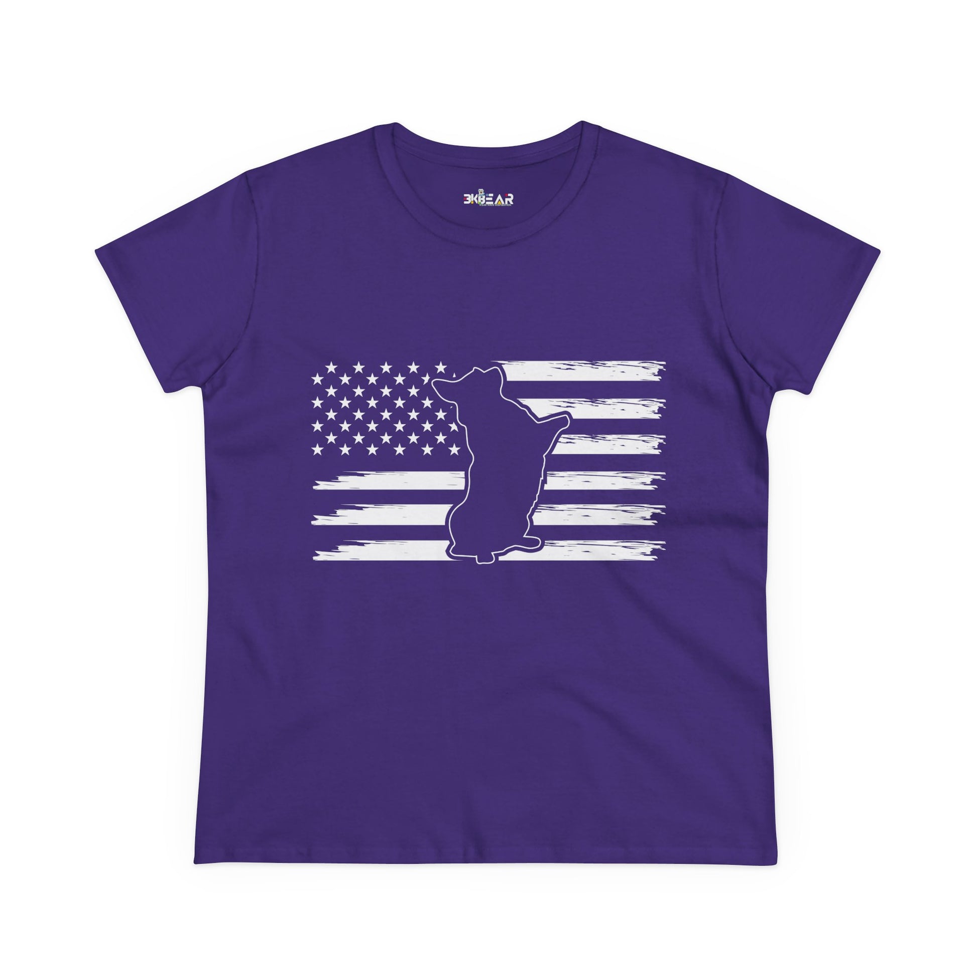 Purple patriotic dog t-shirt with white distressed American flag and dog silhouette design