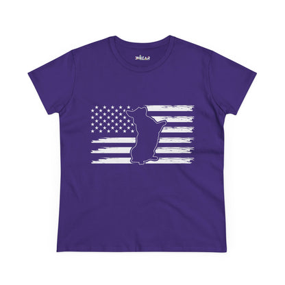 Purple patriotic dog t-shirt with white distressed American flag and dog silhouette design
