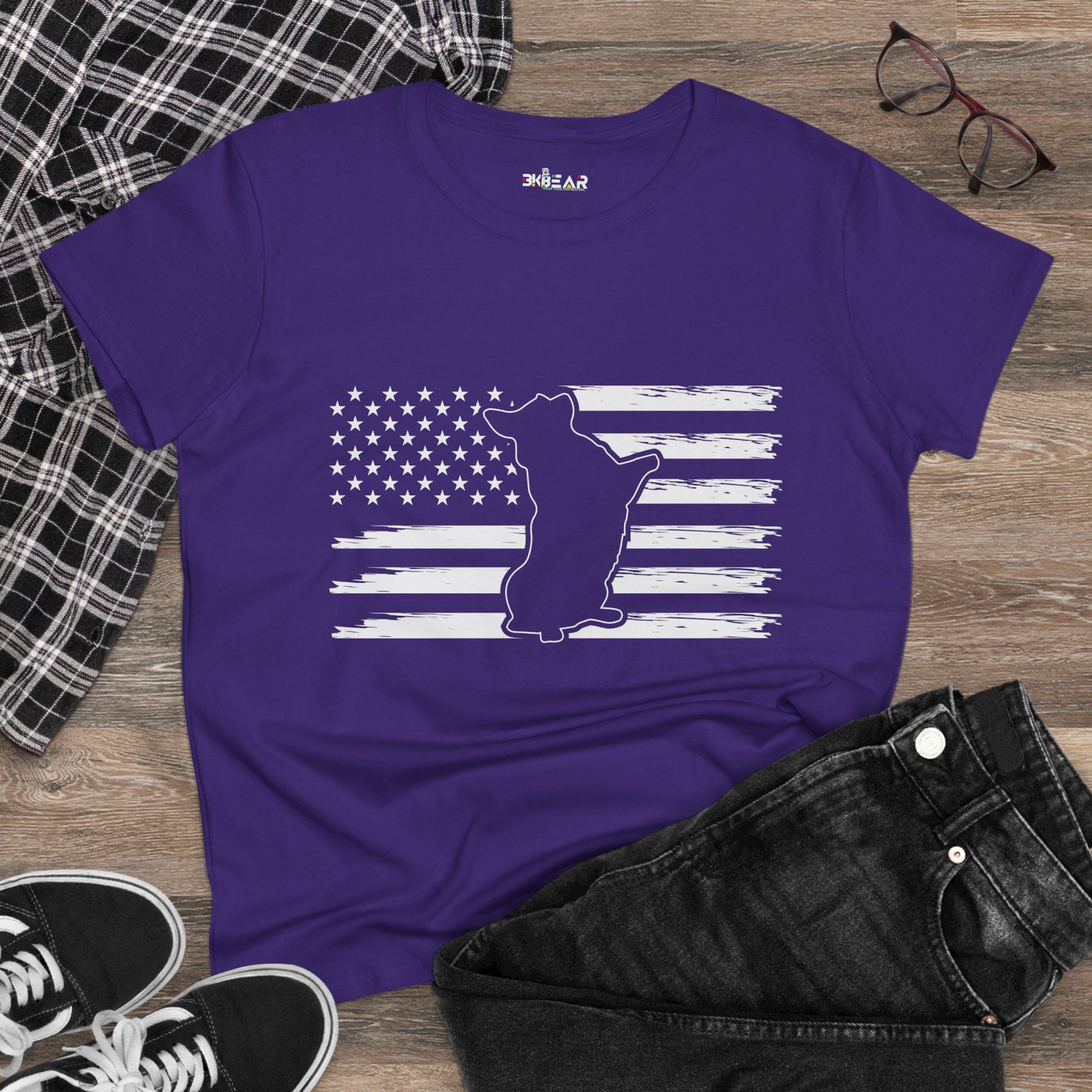 Purple Printify patriotic dog t-shirt with American flag and dog silhouette design