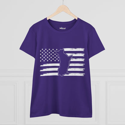 Purple patriotic dog t-shirt with white American flag and dog silhouette print hanging on wooden hanger