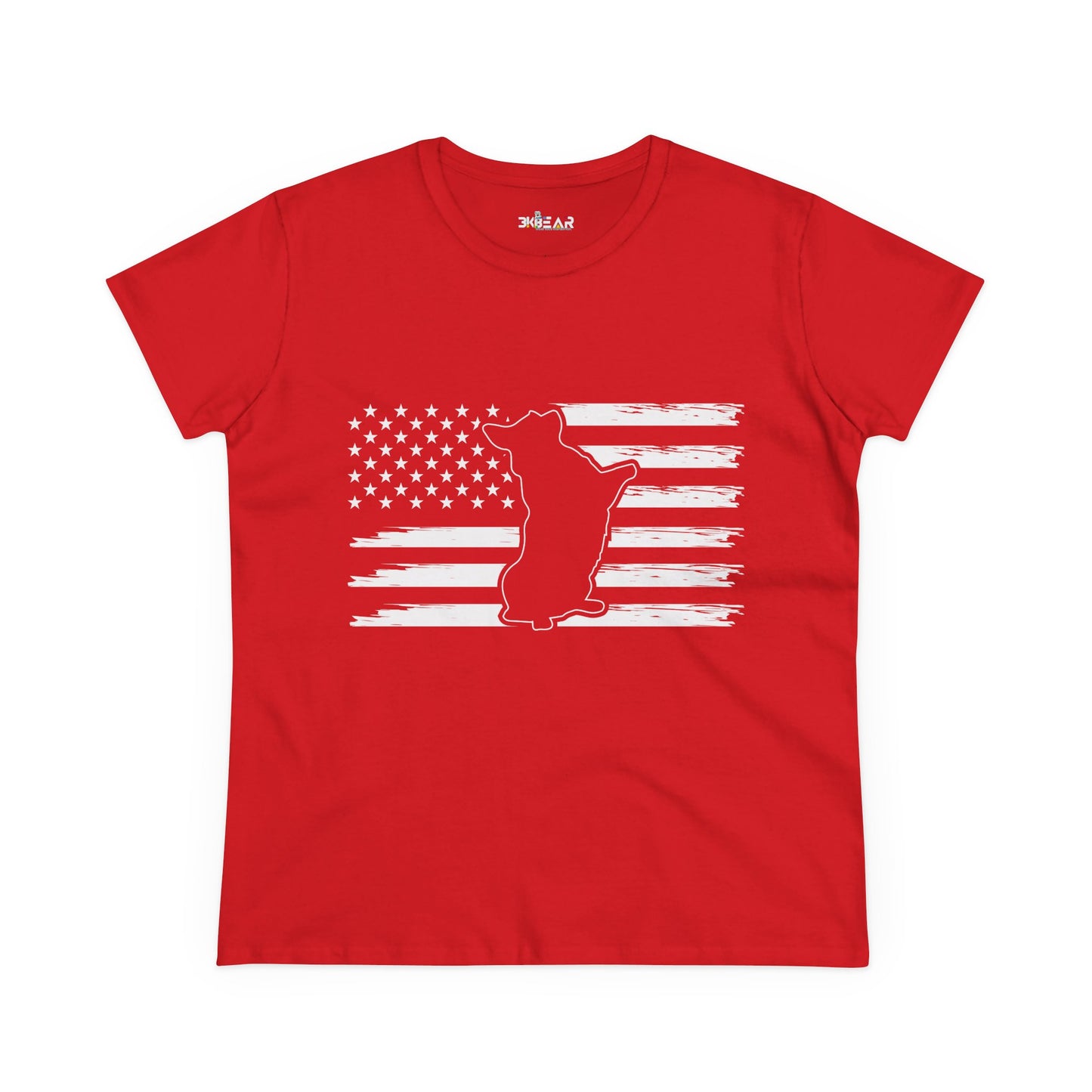 Red patriotic dog t-shirt with American flag and dog silhouette graphic by Printify