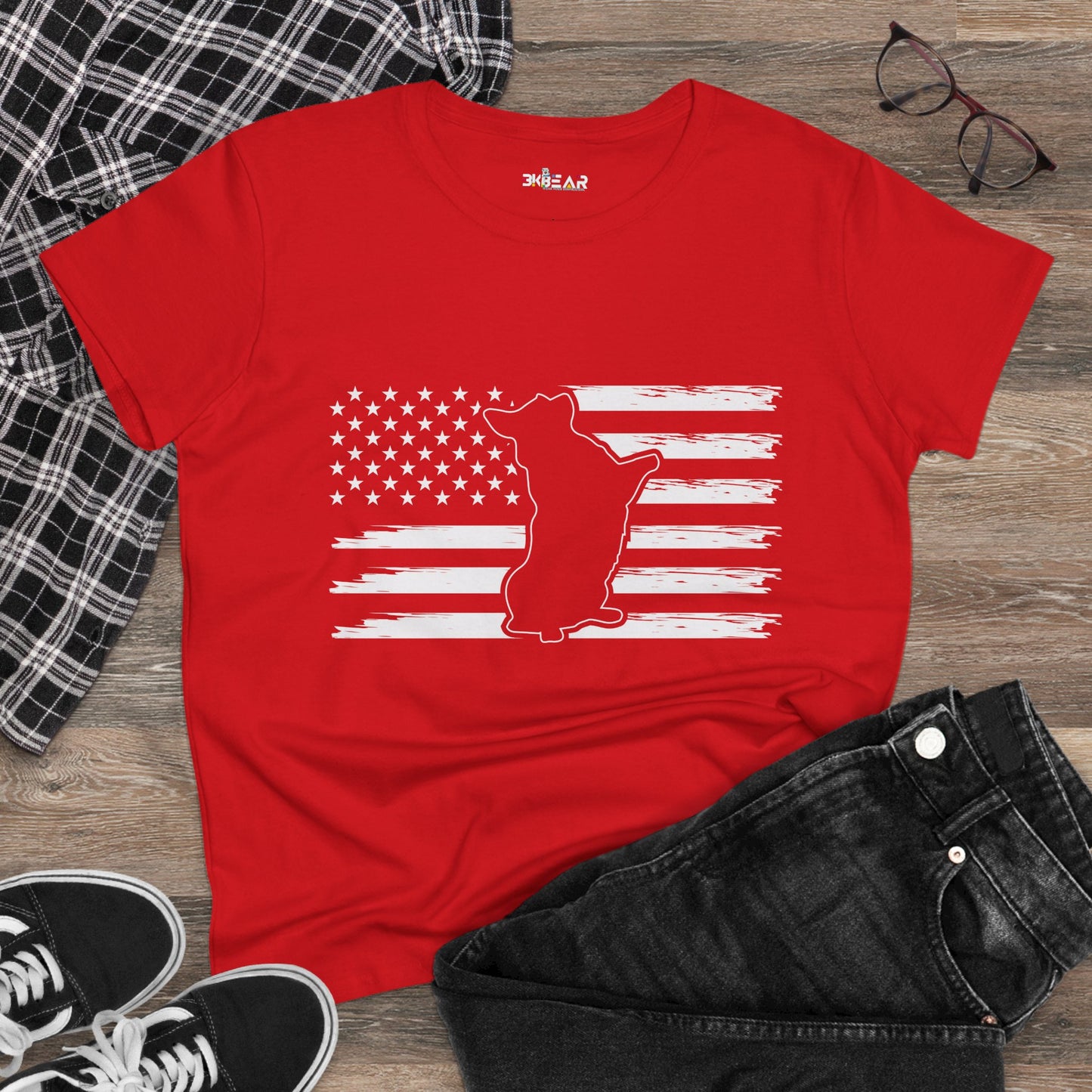 Red patriotic dog t-shirt with white American flag and dog silhouette print by Printify