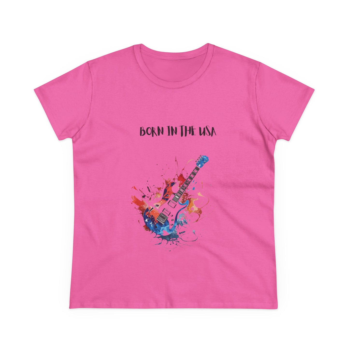 Pink Printify patriotic guitar tee with Born in the USA text and electric guitar graphic
