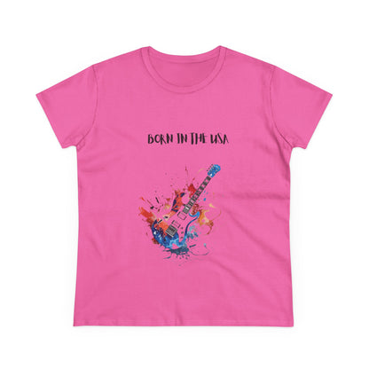 Pink Printify patriotic guitar tee with Born in the USA text and electric guitar graphic