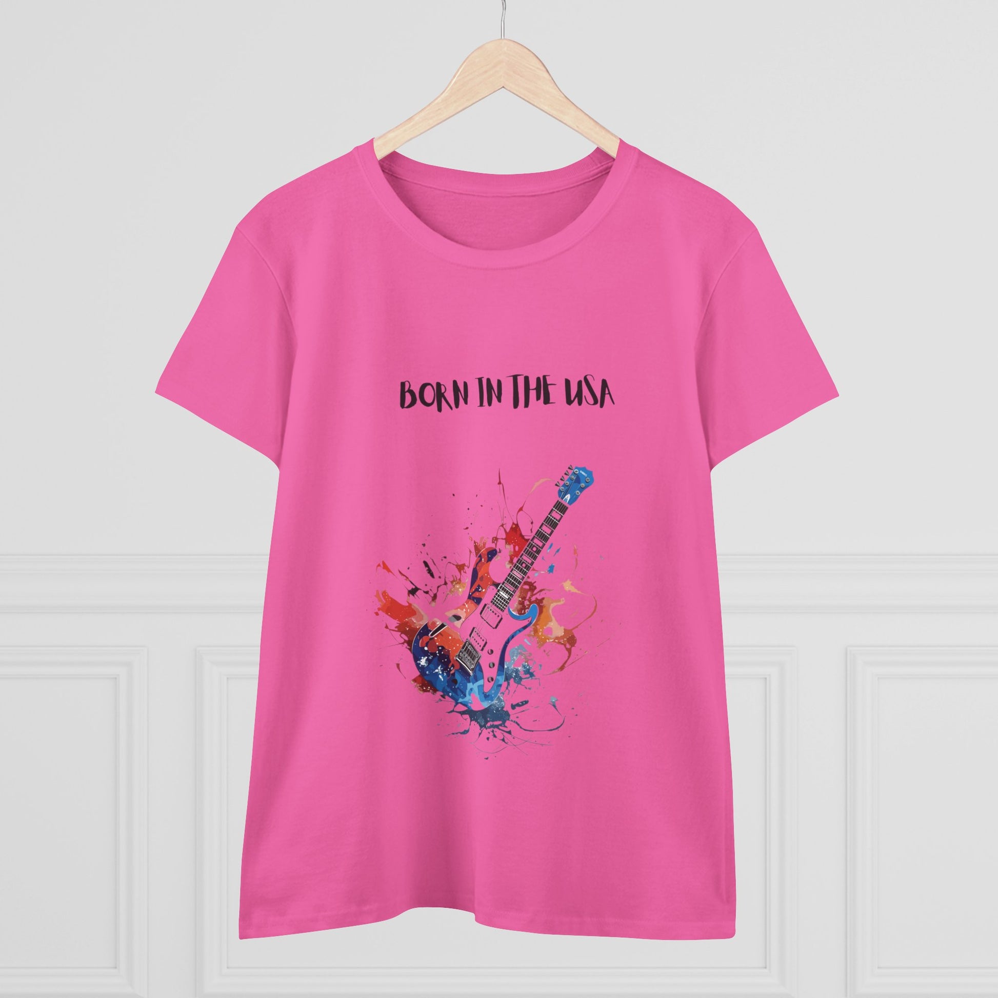 Pink patriotic guitar tee with Born in the USA graphic and colorful guitar design on front
