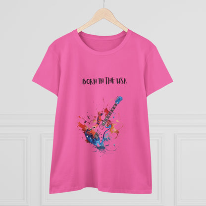 Pink patriotic guitar tee with Born in the USA graphic and colorful guitar design on front