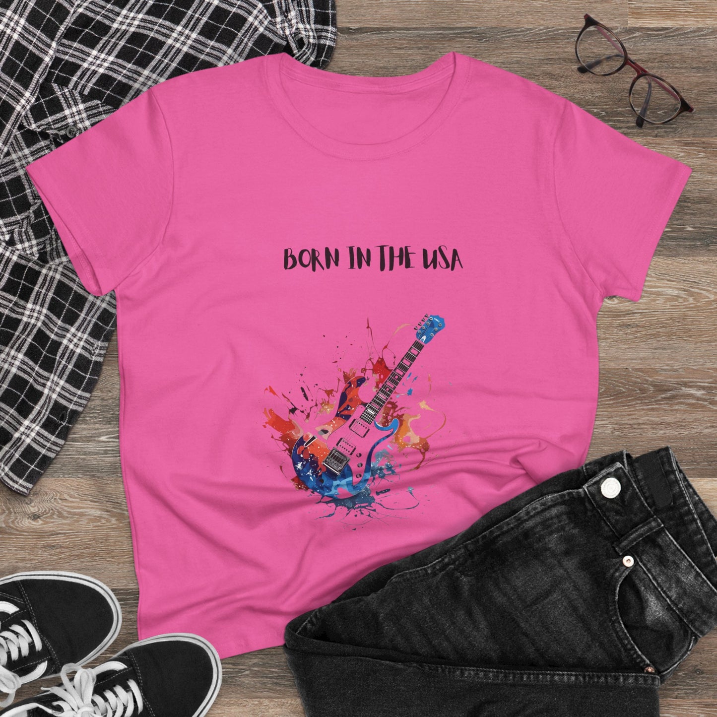 Pink patriotic guitar tee with Born in the USA graphic printed by Printify