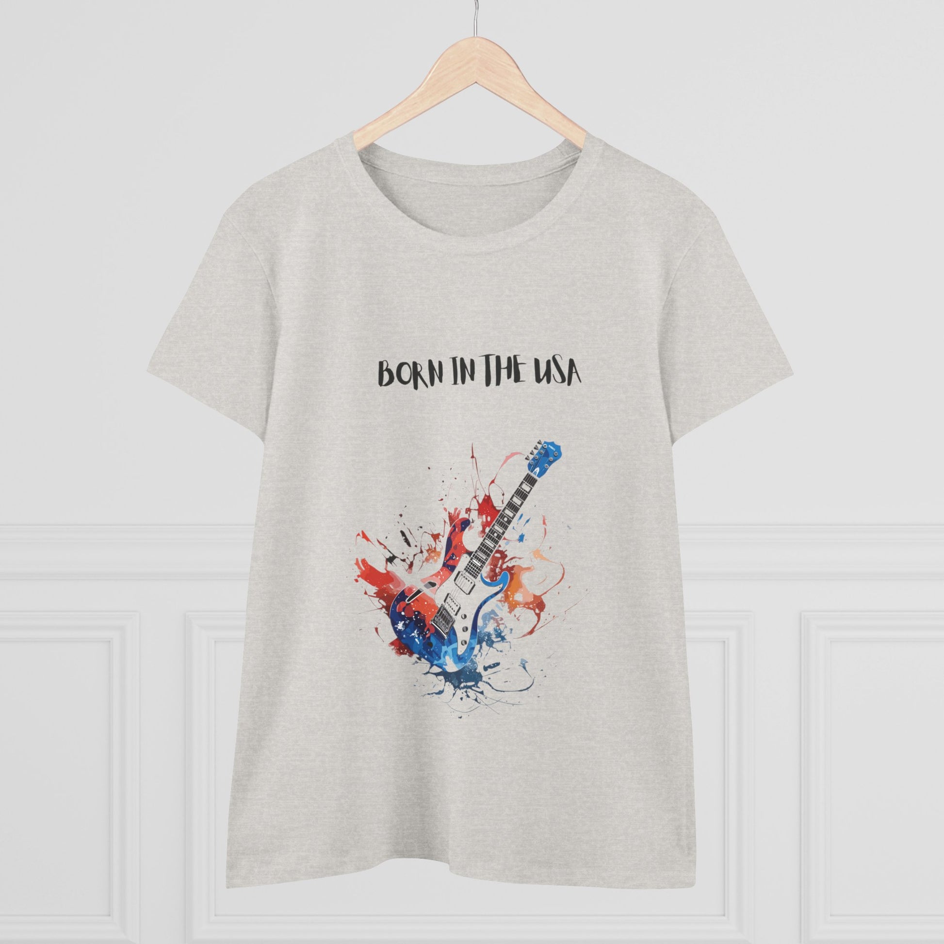 Printify patriotic guitar tee in light gray with Born in the USA text and red blue guitar graphic