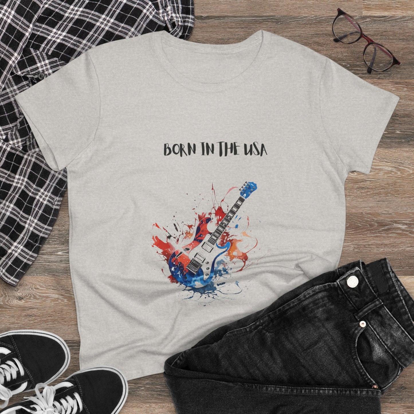 Gray patriotic guitar tee with Born in the USA text and red white blue guitar graphic by Printify